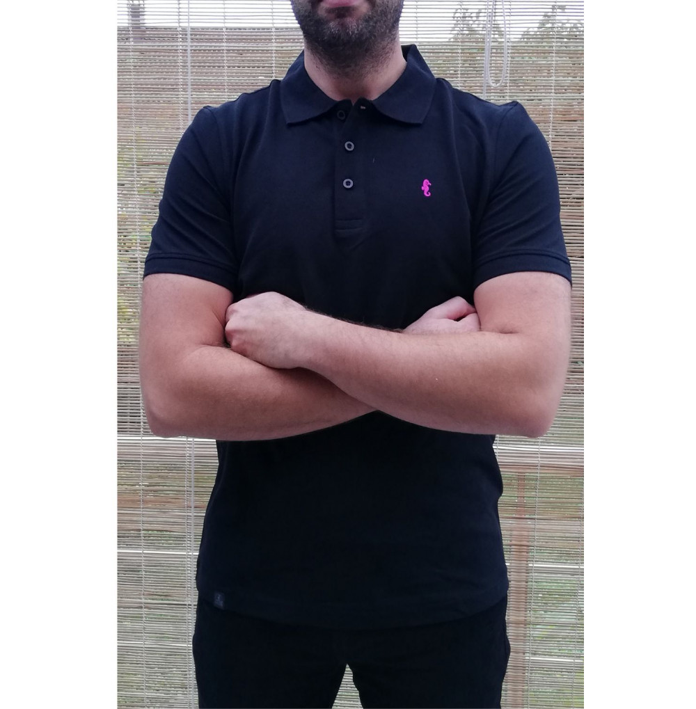 Polo homme noir ORIGINAL hippocampe fuchsia brodé